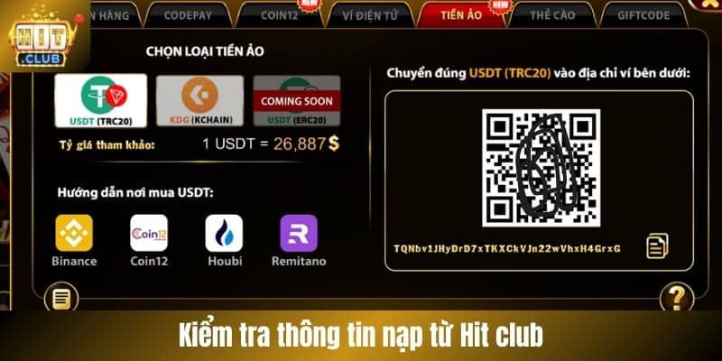 Kiểm tra thông tin nạp từ Hit club