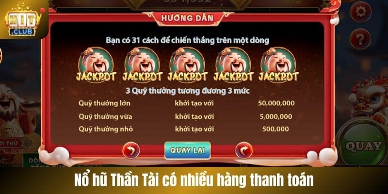 Nổ hũ Thần Tài có nhiều hàng thanh toán